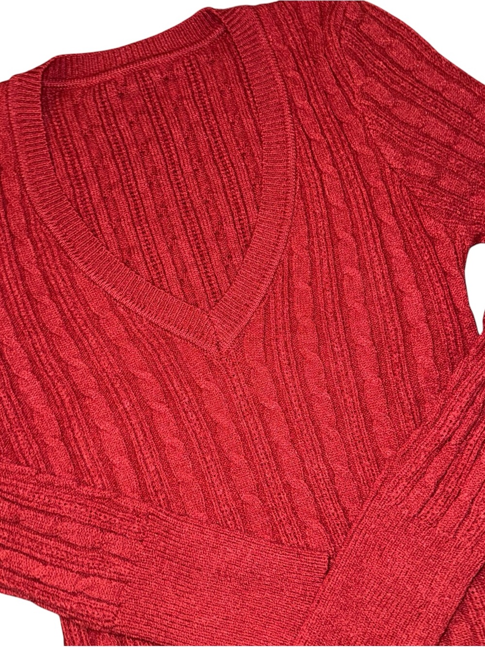 Womens Sweater Large Red Cable Knit Deep V Neck Long Sleeve Pullover Soft⁠